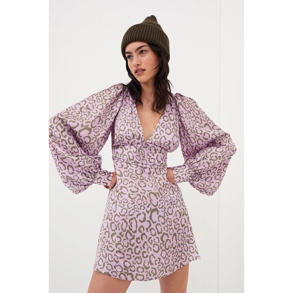 NWT For Love & Lemons June Purple Animal Print Mini Dress Size Small